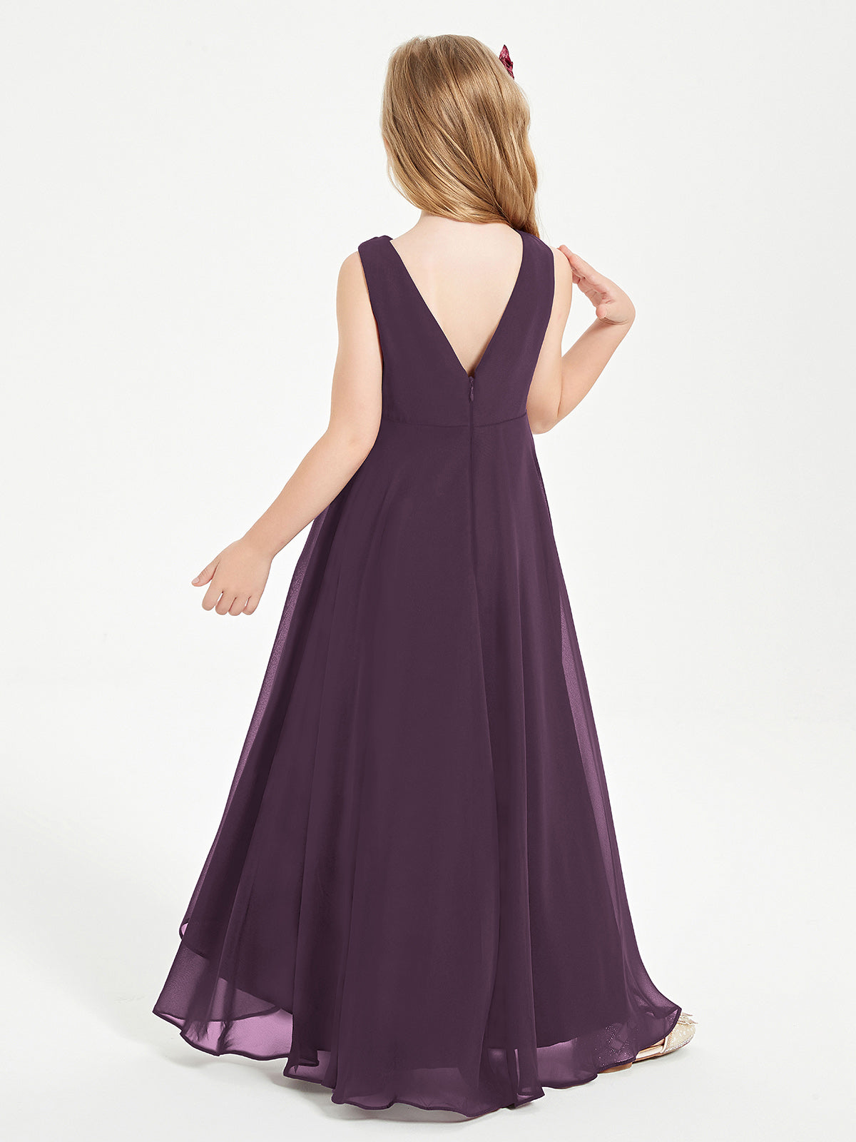 Modern Asymmetrical Cowl Neck Junior Bridesmaid Dresses Plum